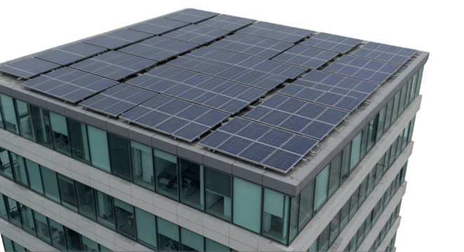 Modern Building With Rooftop Solar Panels on Transparent Background