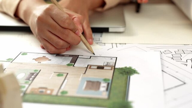 Professional engineer team discussion about house design on meeting table with architectural equipment and building blueprint scatter around at modern office. Focus on hand. Closeup. Delineation.