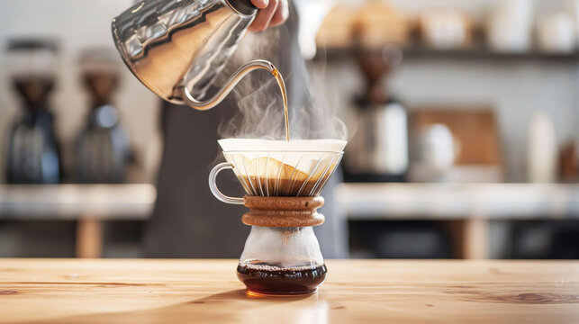 In a cozy coffee shop, a barista skillfully pours hot water in slow circles over freshly ground coffee in a V60 dripper, creating a rich brew as steam rises