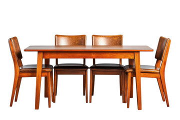 Elegant wooden dining table set with four brown leather chairs against a black background showcasing rich wood grain and