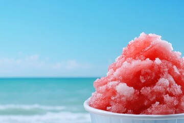 A cup of refreshing red shaved ice against a blurred beach background, perfect for a hot summer day.