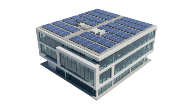 Modern Cube-Shaped Building with Solar Panels Transparent Background