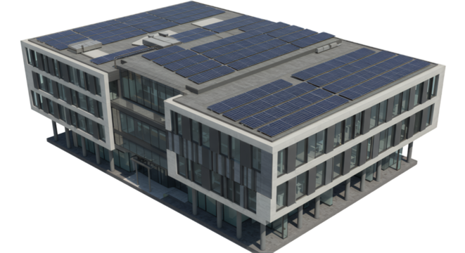 Modern Gray and White Building with Solar Panels on Transparent Background