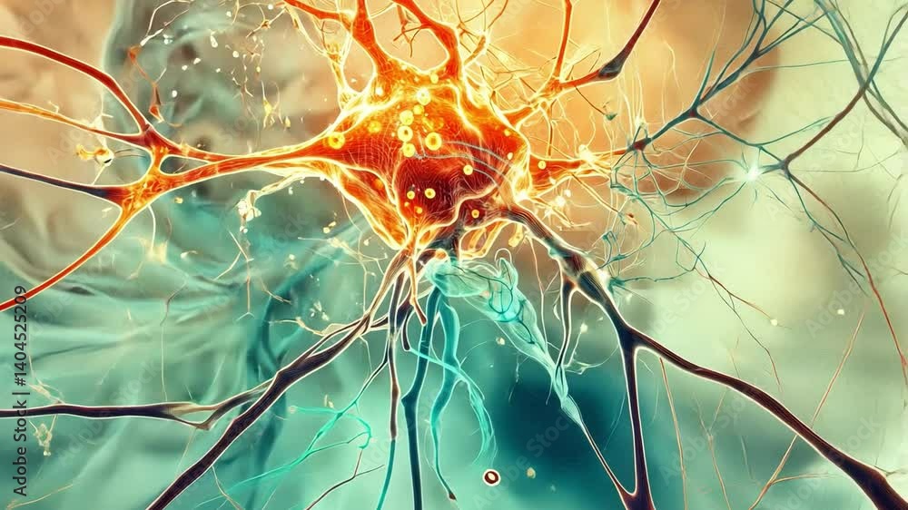 Poster vivid neuron cell: a detailed artistic rendering illuminates a neuron cell with vibrant colors, show