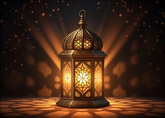 Colorful islamic lantern with candle crescent moon and mosque at sunset