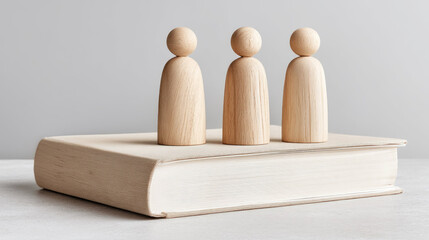 Wooden figures on book symbolize knowledge and learning