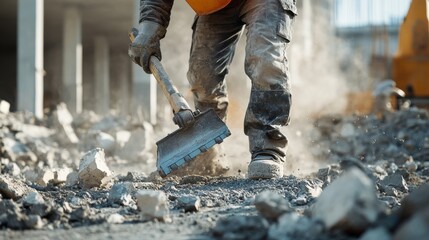 Construction worker operating a jackhammer. Featuring heavy machinery and construction labor