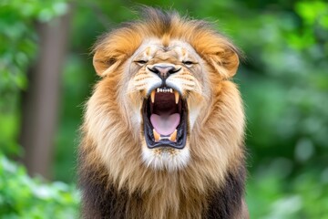 A majestic male lion roars, its mouth wide open showing teeth, against a blurred green backdrop. © Moopingz