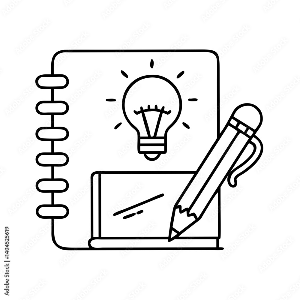 Poster notebook with a light bulb idea and pencil for creative writing and note taking