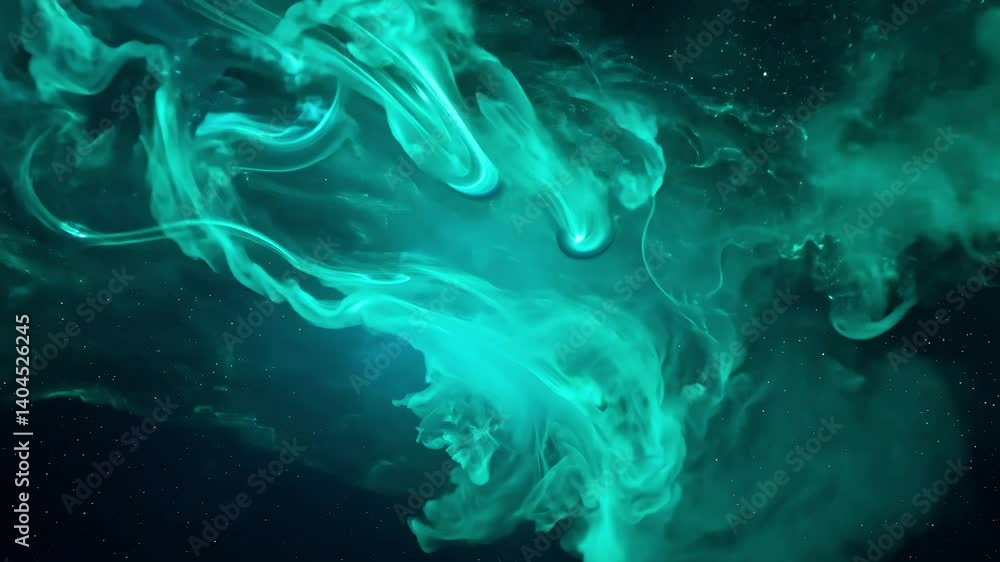 Poster forceful interaction of deep blue and emerald gas clouds, generating dynamic and fluid movements, do