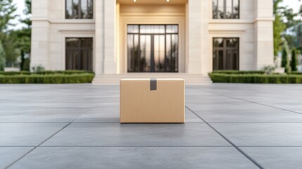 A cardboard box sits on the paved driveway of a luxurious house, indicating a recent delivery to the residence.
