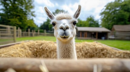 Obraz premium A white llama looks at the camera, head popping over a hay-filled trough, in a farm setting, with blurred buildings in the background.