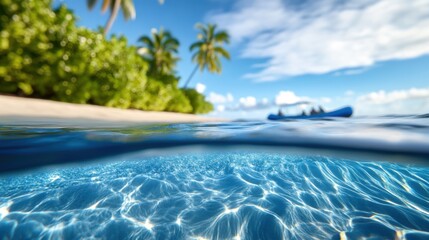 Split view of tropical island beach and clear blue ocean water, inflatable boat with people in background.
