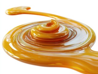 A close-up shot of luscious golden caramel creating a mesmerizing swirl pattern, showcasing its rich texture and alluring gloss.