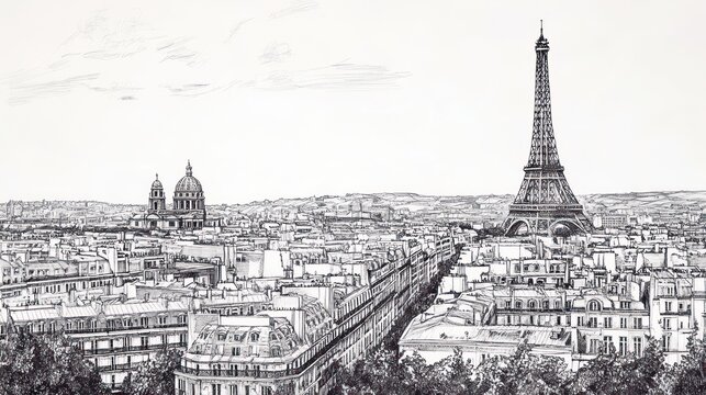 A detailed pen and ink drawing of the Parisian skyline.