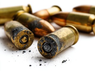 A close-up shot of spent cartridge casings on a surface, revealing the aftermath of firearms usage. The image showcases the details of the casings.