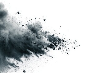Fototapeta premium A dramatic cloud of dark grey powder explodes against a bright white background, capturing a moment of raw energy and chaotic beauty.