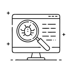 Computer screen displaying bug detection under a magnifying glass software debugging troubleshooting