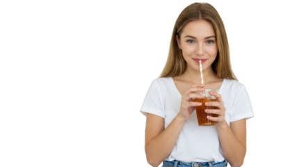 Smiling Woman Enjoying Brown Drink with Straw Transparent Background