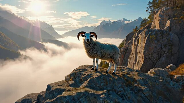 Majestic ram with curved horns standing atop a rocky crag overlooking mountains and valley filled with low lying clouds