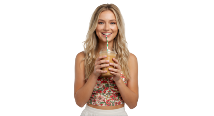 Smiling Woman with Blonde Hair Enjoying Iced Coffee Transparent Background