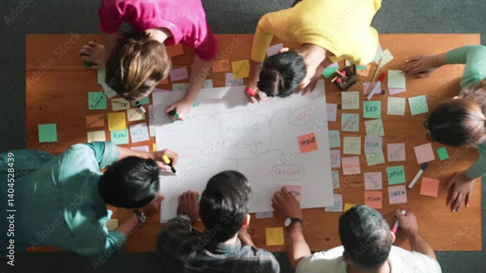 Poster top view of project manager writing and sticking stick notes. aerial view of professional business p