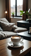 Obraz premium Cozy Morning Coffee by the Window in a Minimalist Living Room