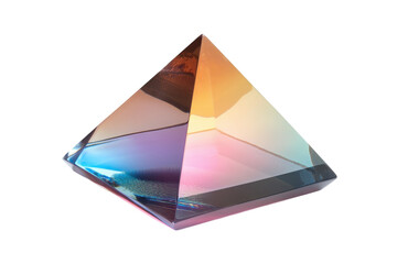 Iridescent glass pyramid art showcasing vibrant colors and light refraction on a black background A captivating modern