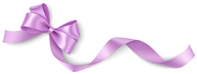 Decorative diagonally double lilac bow with lilac swirl ribbon on the corner isolated on white. Beautiful spring holiday, wedding or Christmas decoration for your design. Vector stock illustration.