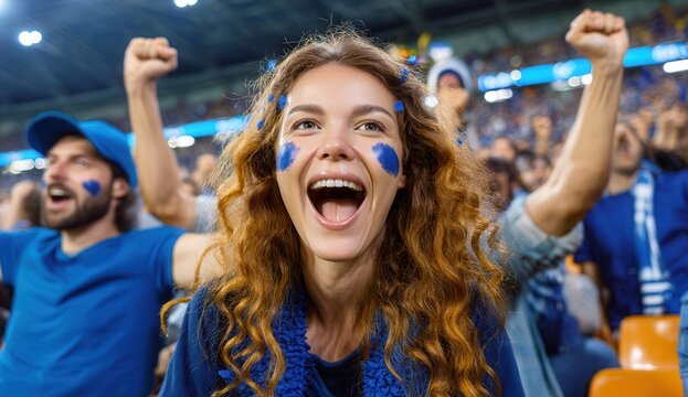 Excited young woman cheering at a sports event, surrounded by enthusiastic fans, in a vibrant, lively stadium atmosphere.