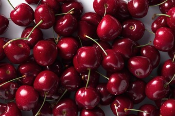 A vibrant, juicy, and tantalizingly delicious collection of fresh cherries, captured in a close-up, overhead shot, showcasing their deep red color and glossy sheen.