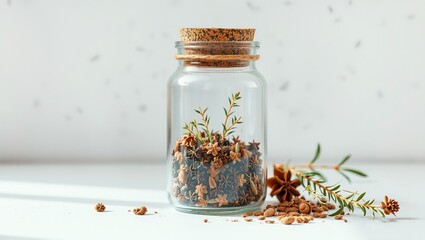 Antique apothecary jar brimming with fragrant herbs, natural product photography.