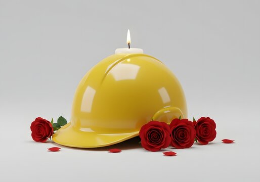 Tribute in Light—Candle Resting on a Yellow Helmet Surrounded by Red Roses for International Workers’ Memorial Day - Powered by Adobe