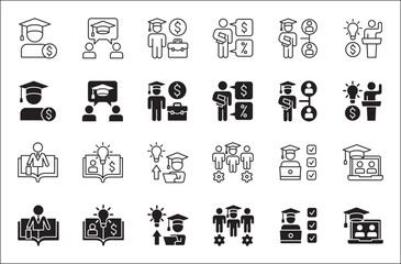 Business education icon set. Employee coaching icons. Contains symbol of bachelor, training, mentoring, qualification, learning, study cost, professional, educated worker. Vector illustration