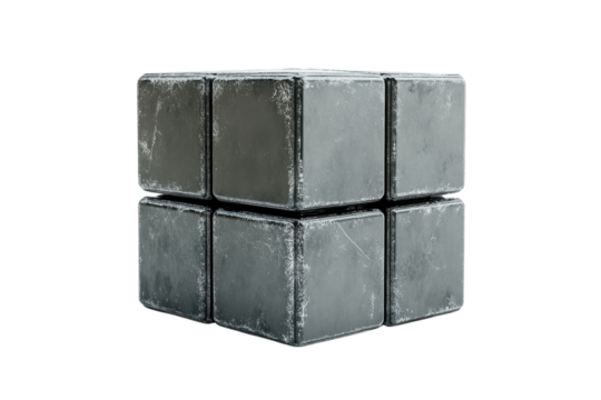 Mysterious weathered metallic cube 3D render dark background detailed texture grey and silver tones industrial aesthetic