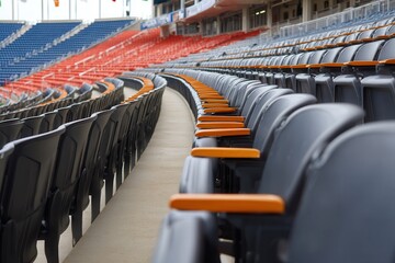 Fototapeta premium Empty stadium seats in a curved row, showcasing colorful seating patterns and architectural design.