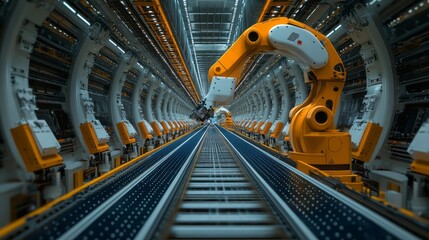 Obraz premium Industrial robotic arms work over a conveyor belt system