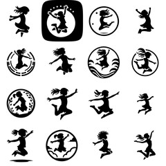 Vector illustration icon set compilation of jumping girl hop black white monochrome on white background 