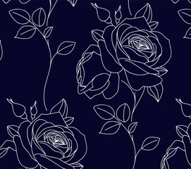 Seamless pattern with abstract line garden rose with leaves. Blossoming outline flowers on dark blue background. Vintage floral hand drawn wallpaper. Vector stock illustration.