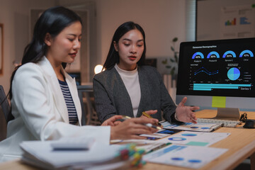 Two young businesswomen analyzing financial data displayed on computer screen and printed documents, discussing company performance and planning investment strategies in a modern office at night
