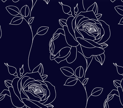 Seamless pattern with abstract line garden rose with leaves. Blossoming outline flowers on dark blue background. Vintage floral hand drawn wallpaper. Vector stock illustration.