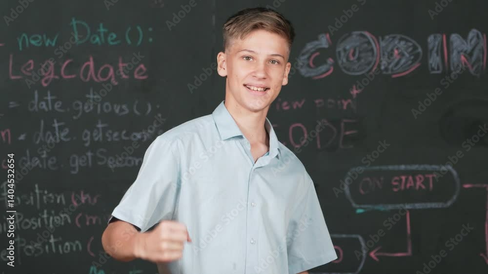 Poster handsome adult standing at blackboard with engineering code or prompt while attend in stem class. st