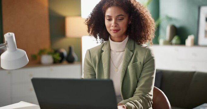Business, African woman and typing on laptop in home for remote work, online company or store and web retailer. Girl, technology and confidence for internet startup with innovation and enterprise