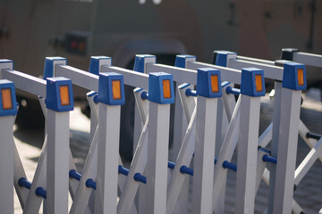 Fototapeta premium Metal barriers used for crowd control during outdoor events