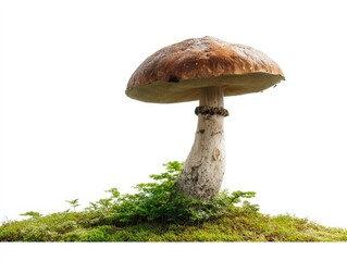 A large, robust boletus mushroom with a brown cap and white stem stands proudly amidst a bed of lush green moss.