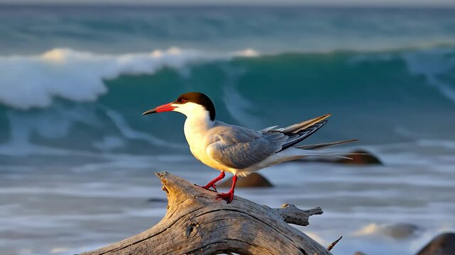 Elegant tern perched on driftwood log at ocean edge with rolling turquoise waves, illuminated by warm sunlight at dusk.