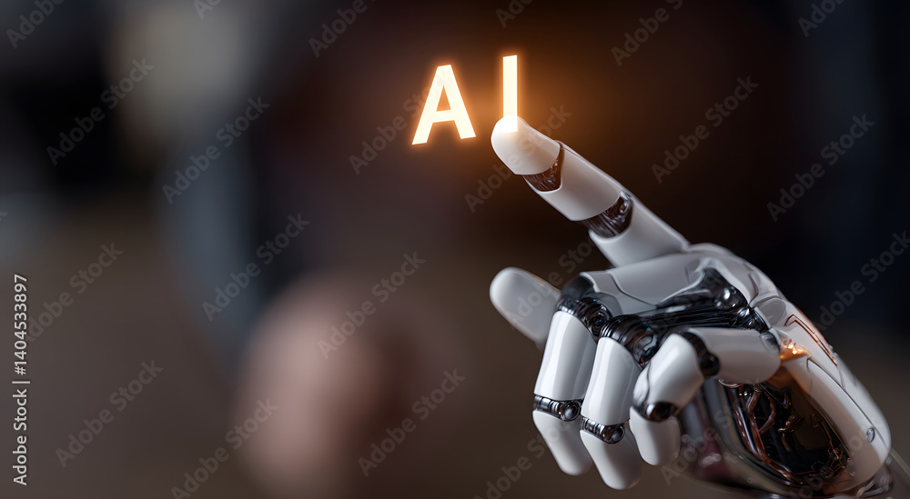 Poster a robot arm, delicately pointing toward the glowing letters of ai, embodies the rapid progress in ar