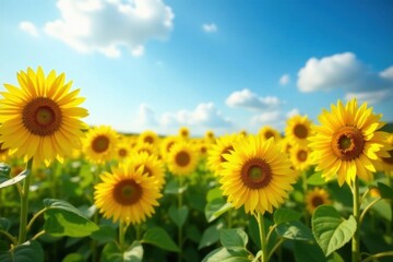 Fototapeta premium Sunflowers ablaze in summer field Golden blooms, blue sky , landscape, joy