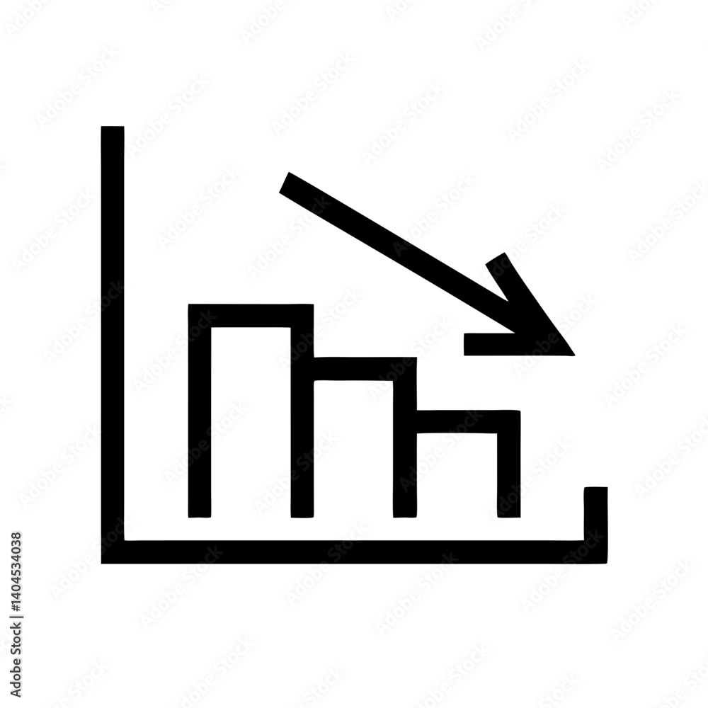 Poster black bar graph showing decreasing trend with downward arrow, isolated on white background for illus