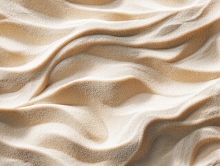A serene expanse of pristine sand is sculpted by the wind into graceful, flowing waves, bathed in warm, natural light, invoking feelings of peace and tranquility.